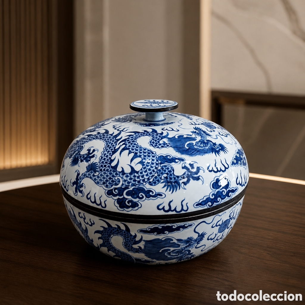 Antig&uuml;edades: GRAN CAJA DE PORCELANA CHINA DECORADA A MANO CON MOTIVOS DE DRAGONES EN AZUL REMATES EN LATON .