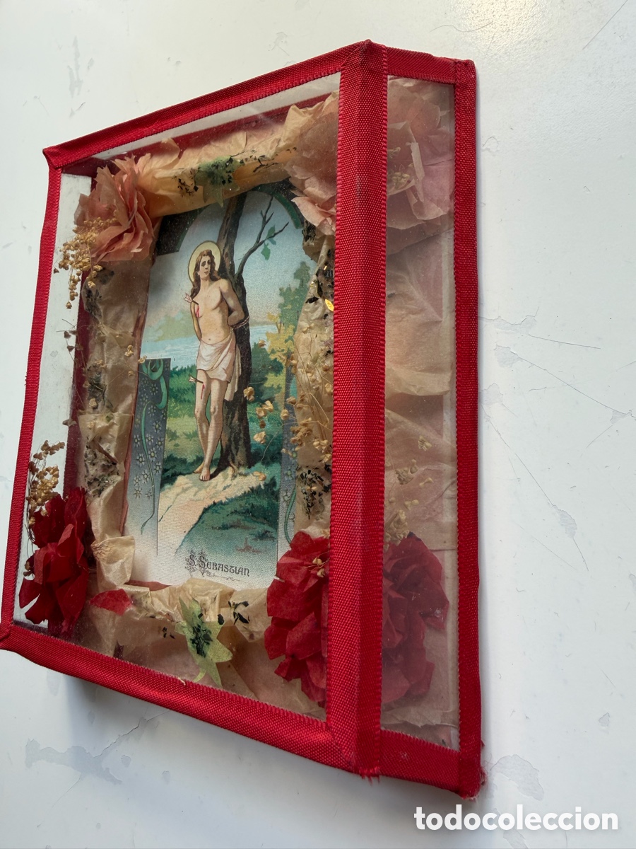 Antig&uuml;edades: Cuadro Devocional San Sebasti&aacute;n con Flores - Foto 4