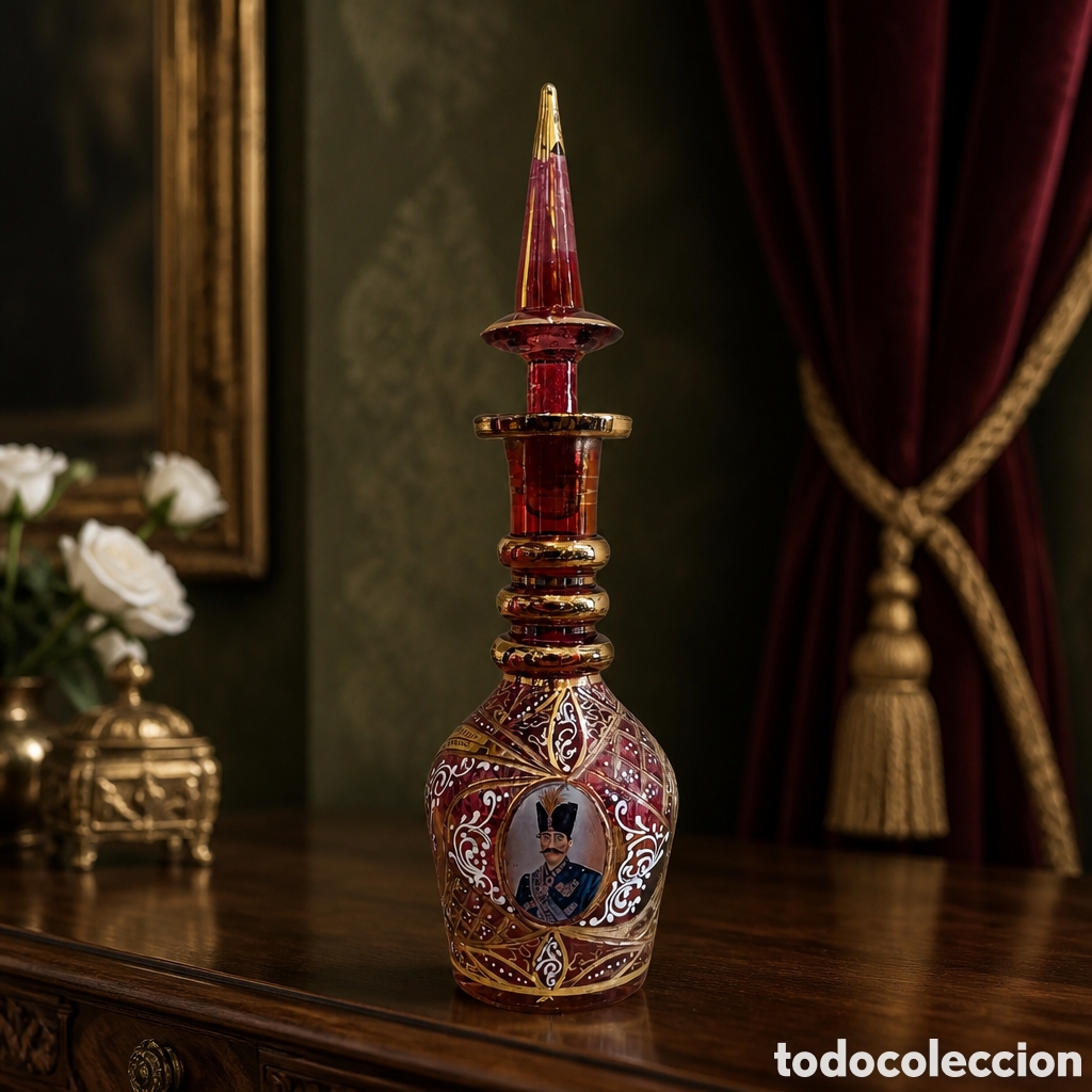 Antig&uuml;edades: ANTIGUA LICORERA CRISTAL DE BOHEMIA COLOR RUBI DECORADA A MANO PARA EL MERCADO IRANI . 34 CM