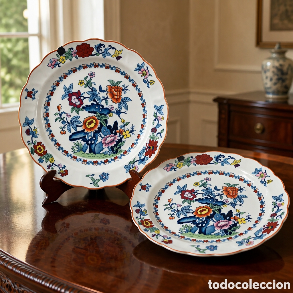 Antig&uuml;edades: ELEGANTE PAREJA DE PLATOS PORCELANA INGLESA .BOOTHS. POMPADOUR. 21 CM