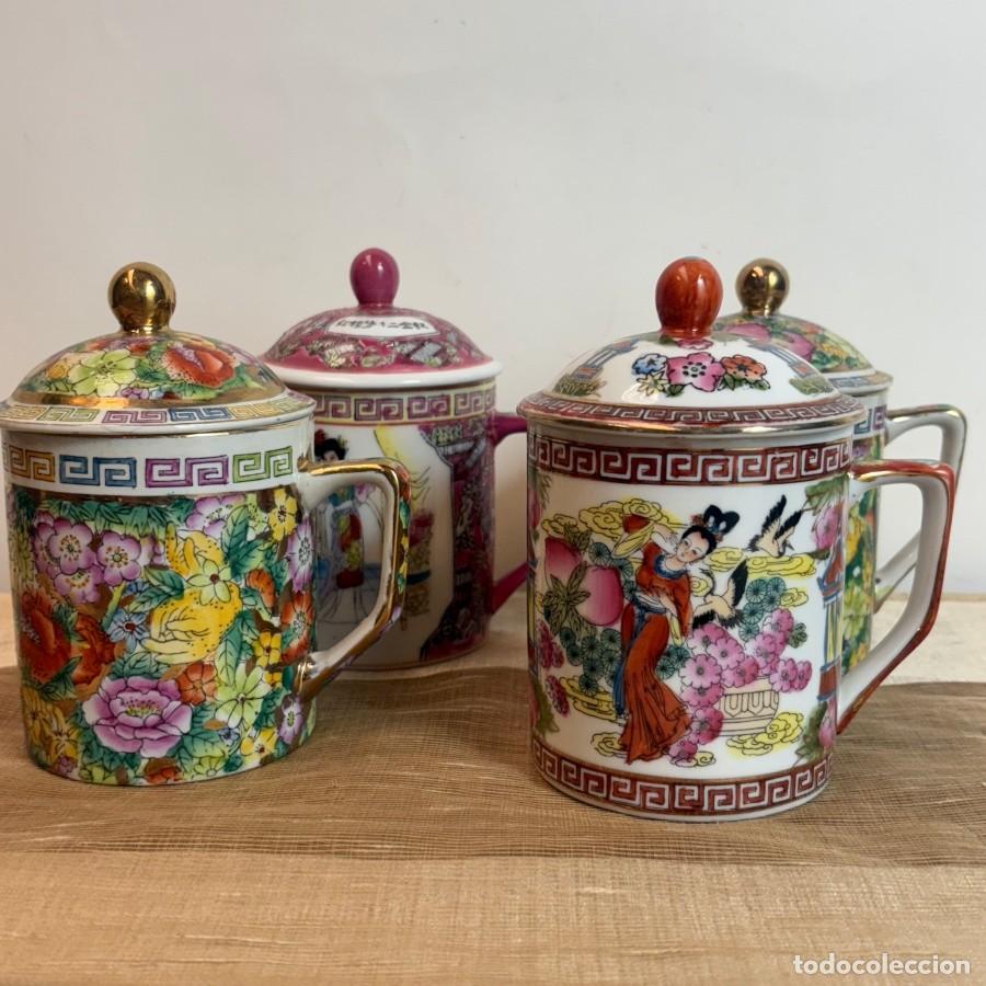 Antig&uuml;edades: Lote Cuatro Tazas de T&eacute; con Tapa