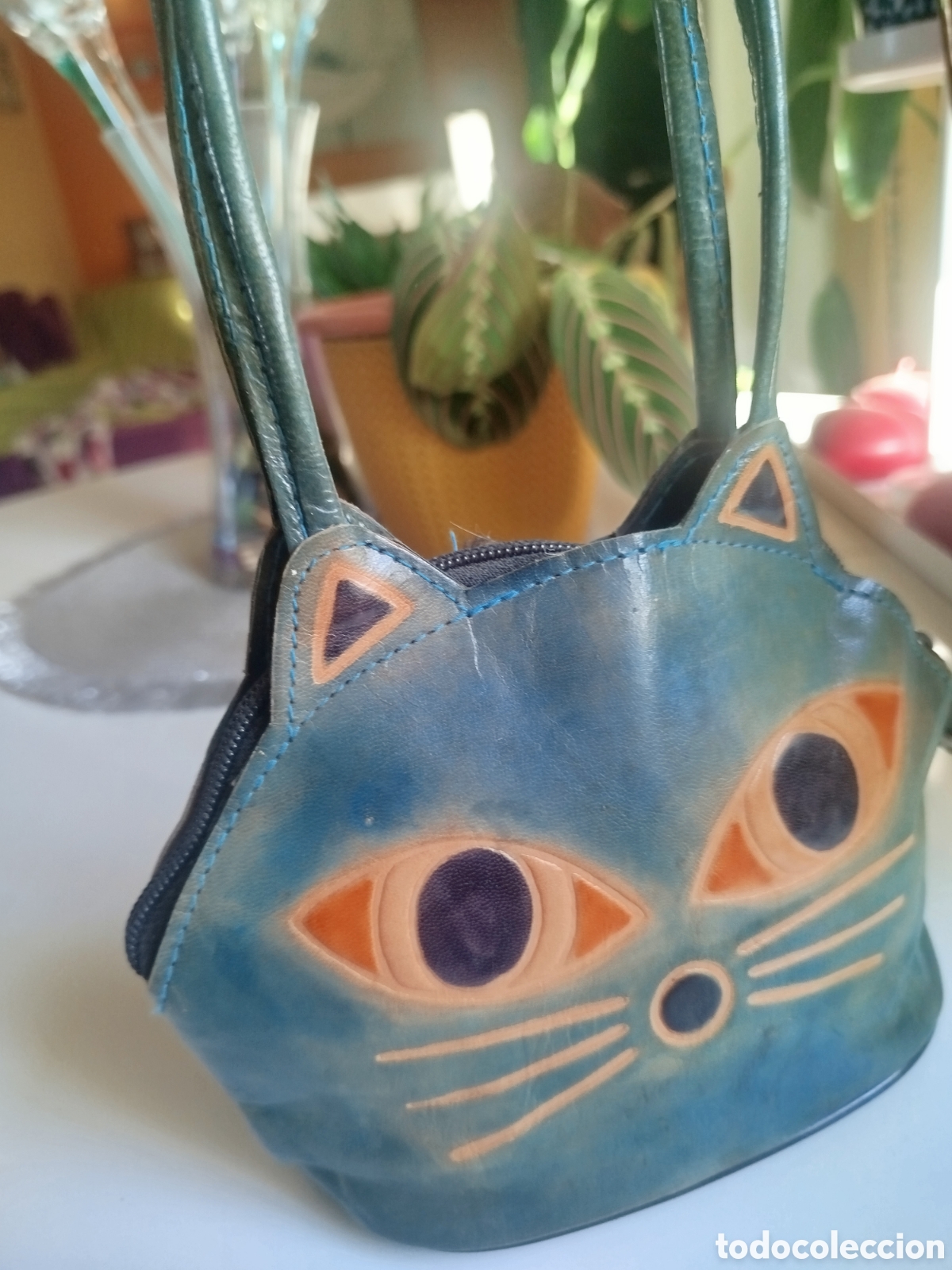 Antig&uuml;edades: Bolso de mano cuero gato vintage