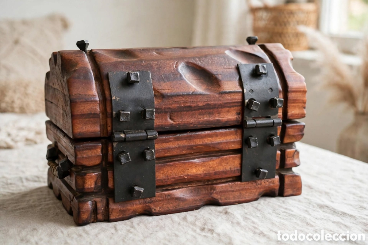 Antig&uuml;edades: Cofre joyero madera maciza tronco r&uacute;stico 16x10cm vintage boho pirata. Relicario