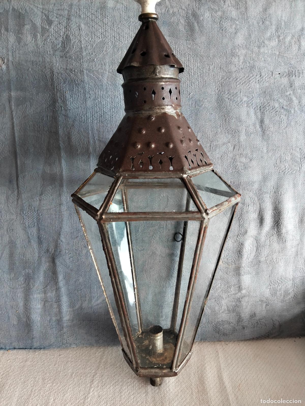 Antig&uuml;edades: Farol luz lampara para procesi&oacute;n liturgia Semana Santa de hierro y cristal para vela a&ntilde;os 20-30