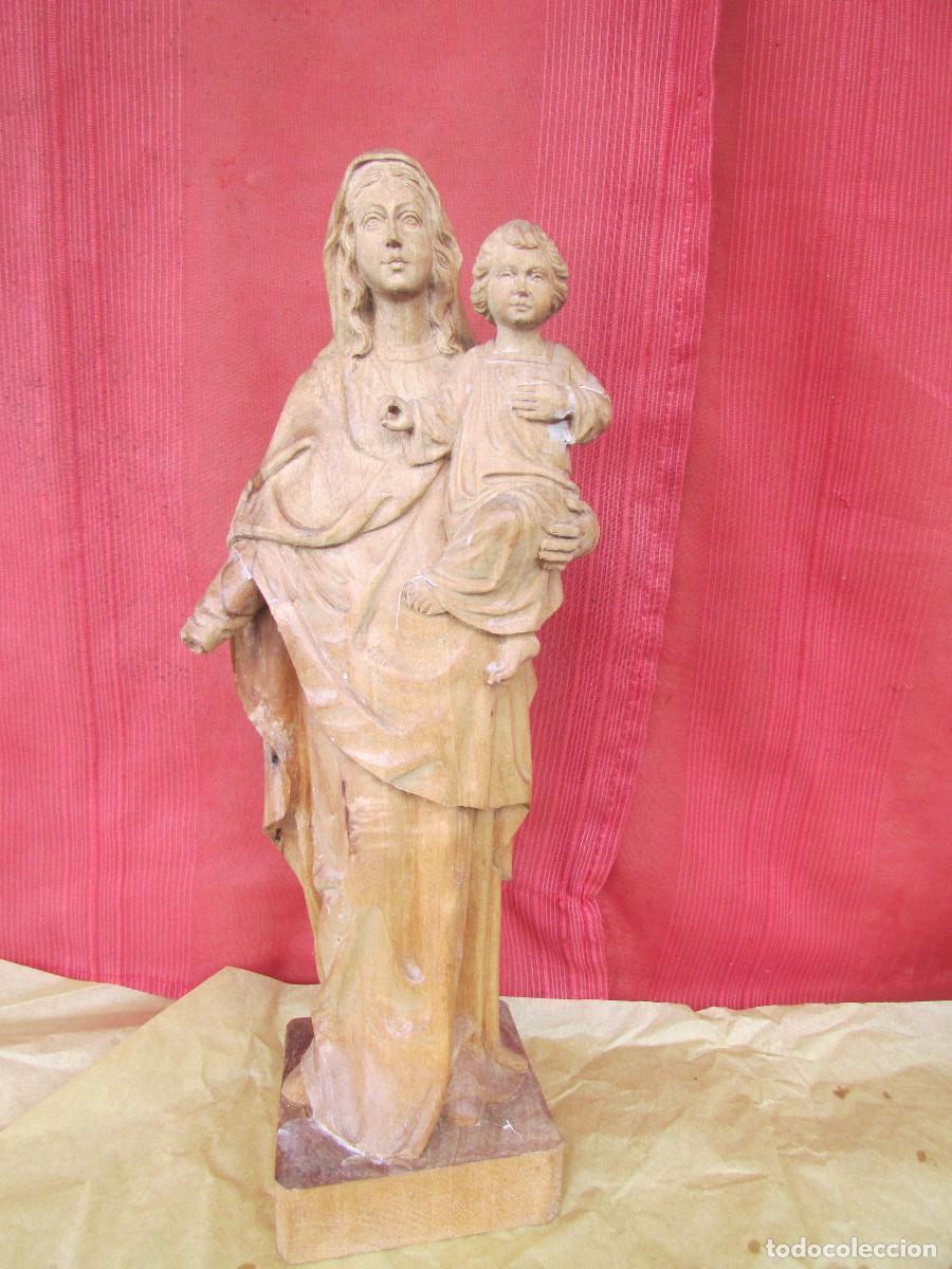 Antig&uuml;edades: Talla madera casta&ntilde;o VIRGEN MAR&Iacute;A con NI&Ntilde;O JES&Uacute;S 36 cm 50 a&ntilde;os
