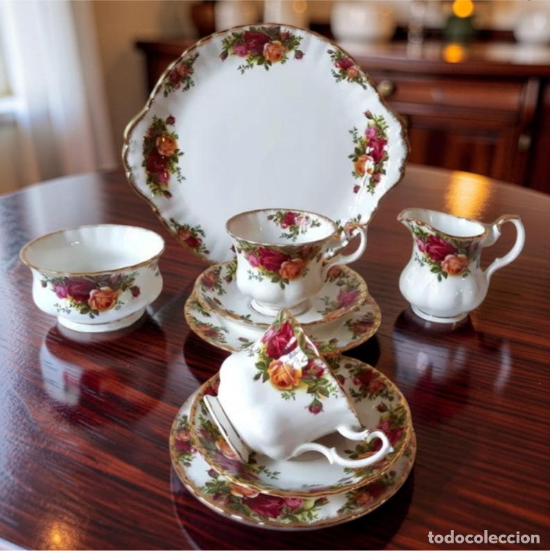 Antig&uuml;edades: Duo de tr&iacute;os Caf&eacute;/t&eacute; y Postre Lechera, Azucarero, Plato pasteles ROYAL ALBERT Old Country Roses