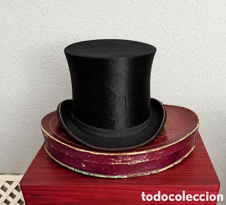 Antig&uuml;edades: Antigua chistera plegable seda alemana talla M con sombrerera Art Nouveau Set Sombrero de copa 1900