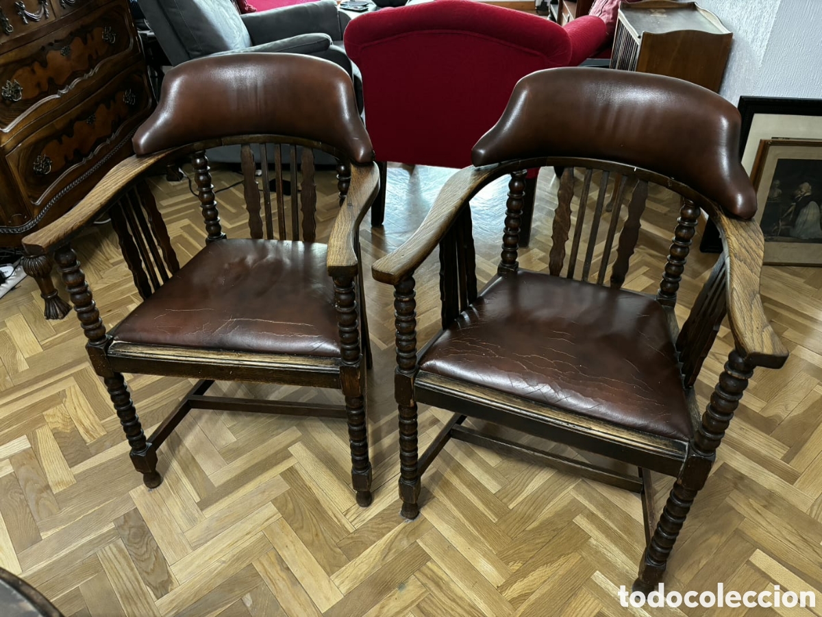 Antig&uuml;edades: Pareja Sillones Antiguos Madera y Cuero