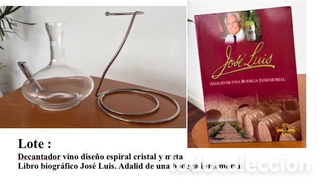 Antiquit&auml;ten: Lote: Decantador vino dise&ntilde;o espiral cristal metal y libro