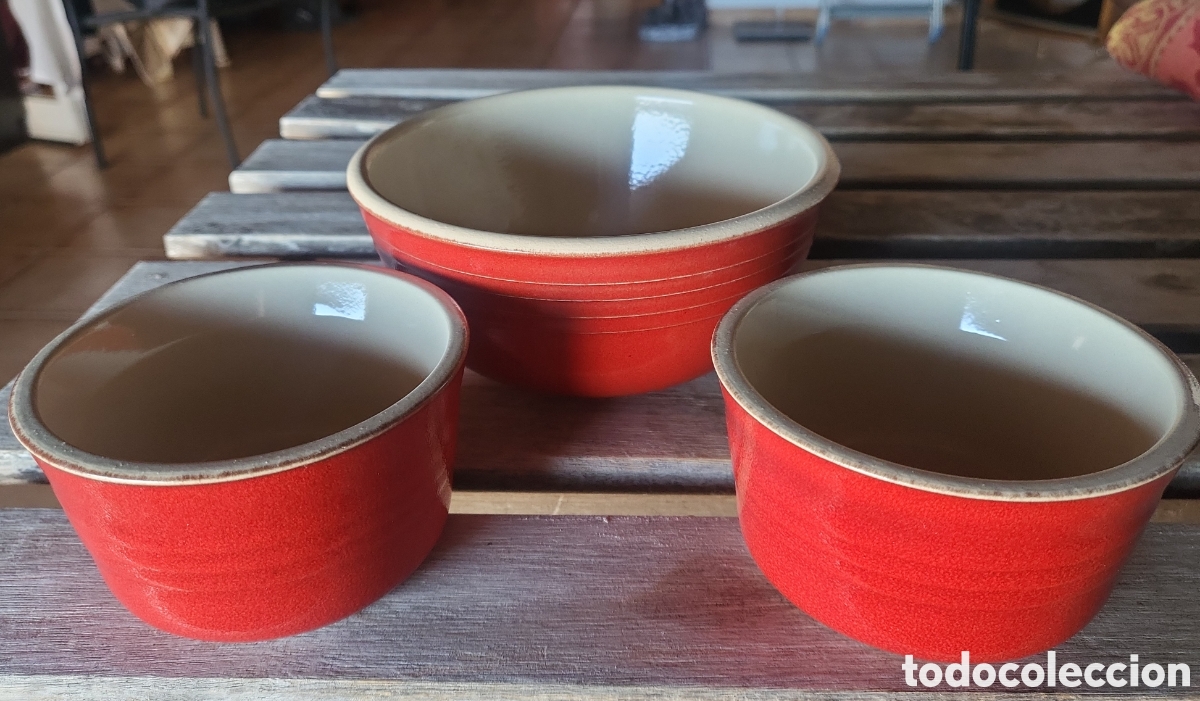 Antig&uuml;edades: Lote Le Creuset Cer&aacute;mica Gres ( 2 Ramequines+ Bol 0,7L )Rojo Cereza
