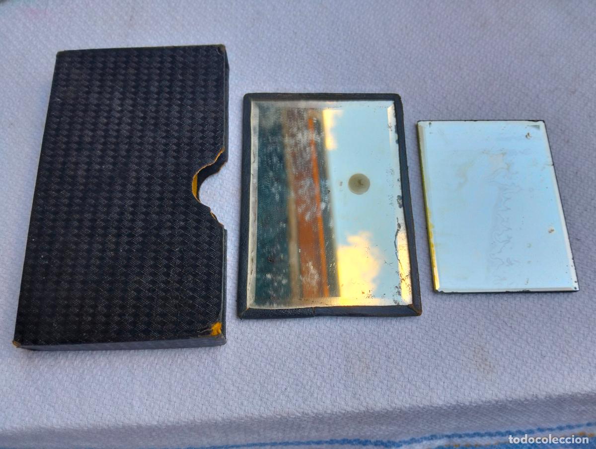 Antiguidades: 2 Espejos peque&ntilde;os rectangulares de viaje para bolso antiguo y funda de libro que no ajusta
