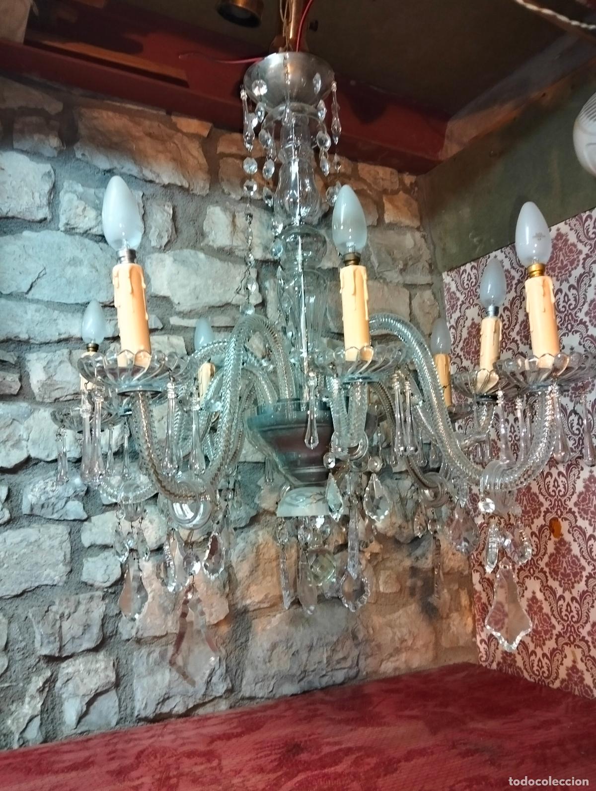Antig&uuml;edades: Lampara gigante antigua cristal soplado con lagrimas y brazos trenzados cristal tallado princ. S.XX