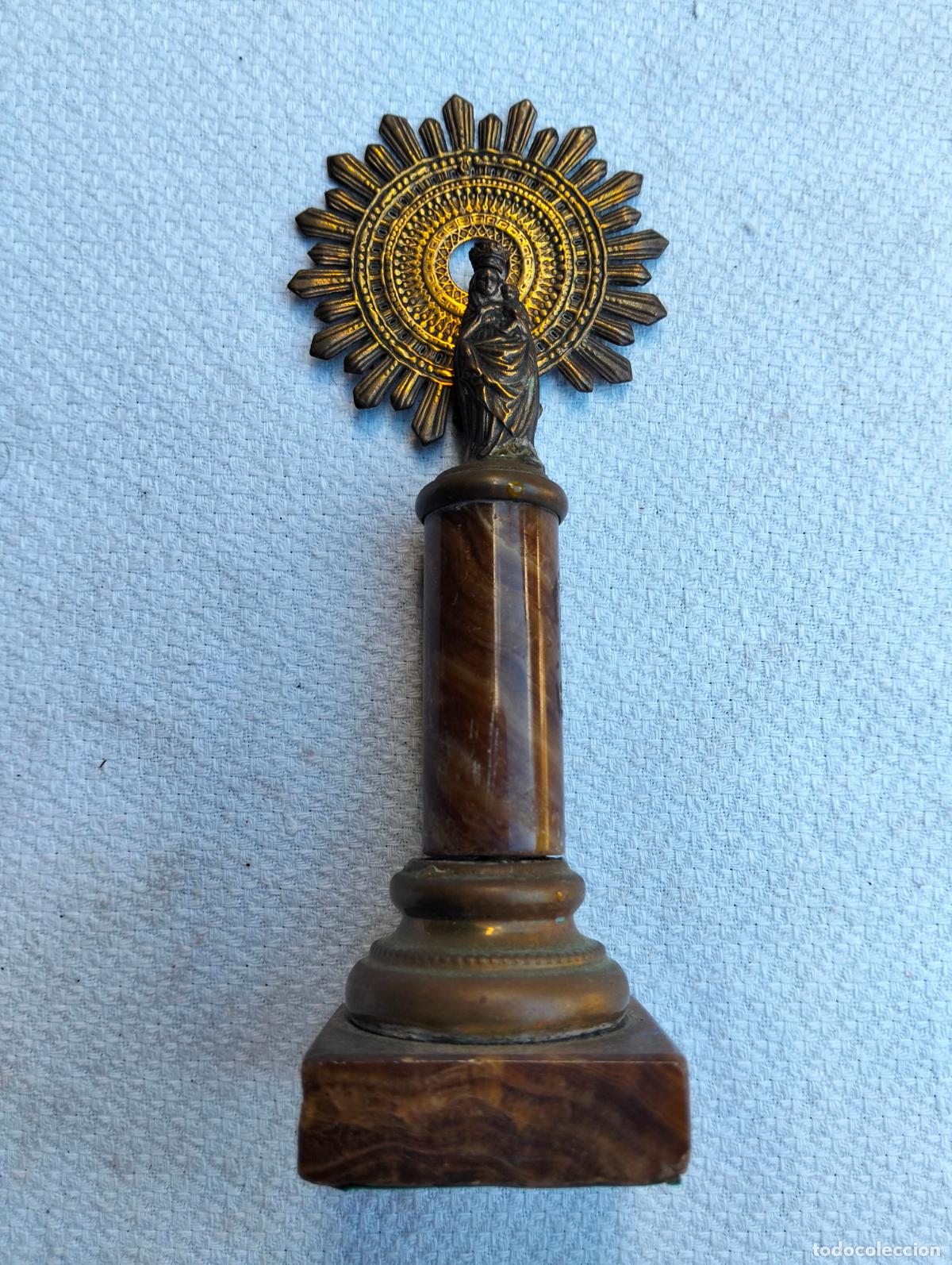Antiquit&eacute;s: Figura escultura religiosa Virgen del Pilar en piedra m&aacute;rmol peque&ntilde;a de los a&ntilde;os 60