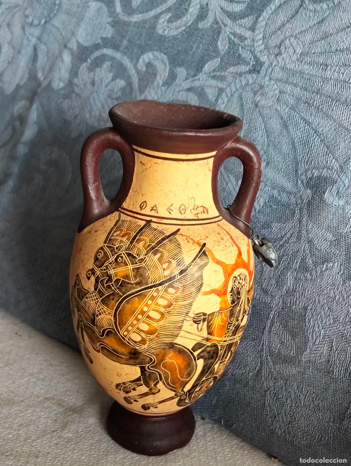 Antiquit&eacute;s: Jarr&oacute;n anfora de ceramica recuerdo de Grecia ceramica pintada motivos griegos de los a&ntilde;os 70-80
