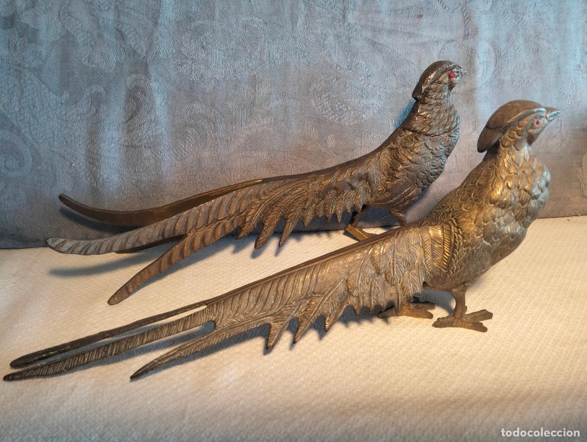 Antig&uuml;edades: Pareja de faisanes o pavos reales de lat&oacute;n o bronce con ojos cristal y colas largas a&ntilde;os 50-60