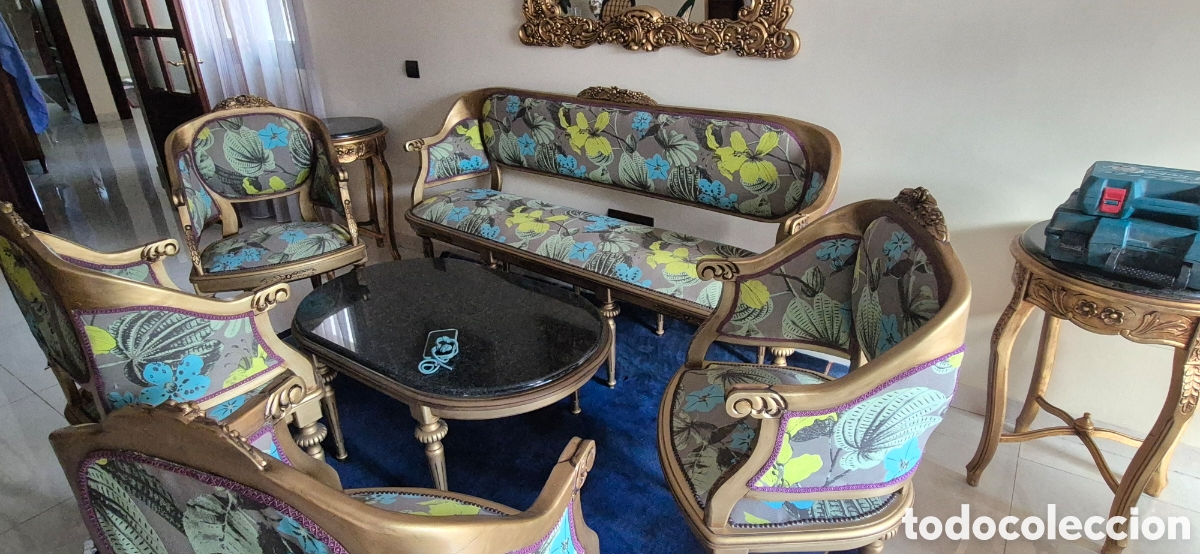 Antig&uuml;edades: Conjunto Muebles Sal&oacute;n: Sof&aacute;, Sillones y Mesa