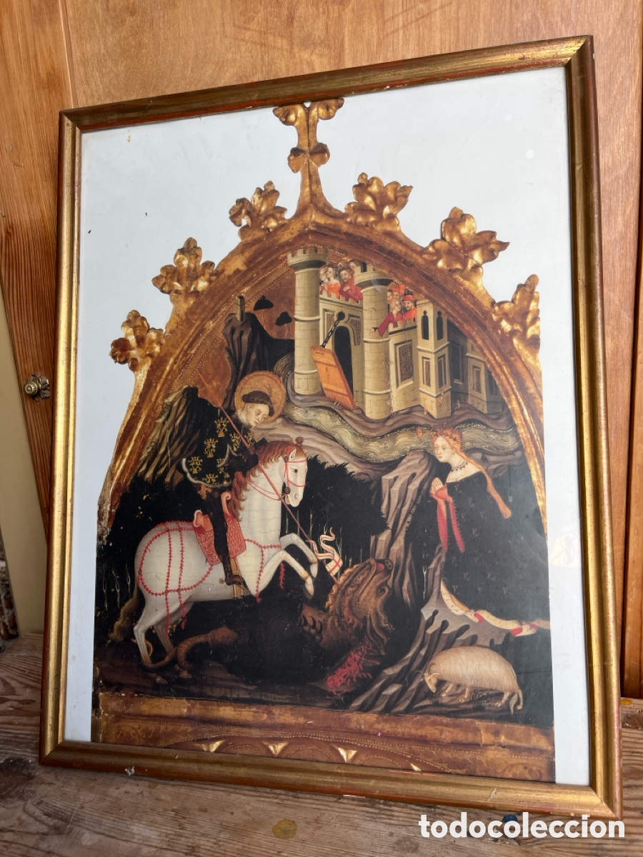 Antig&uuml;edades: Cuadro medieval de San Jorge con bonito marco dorado