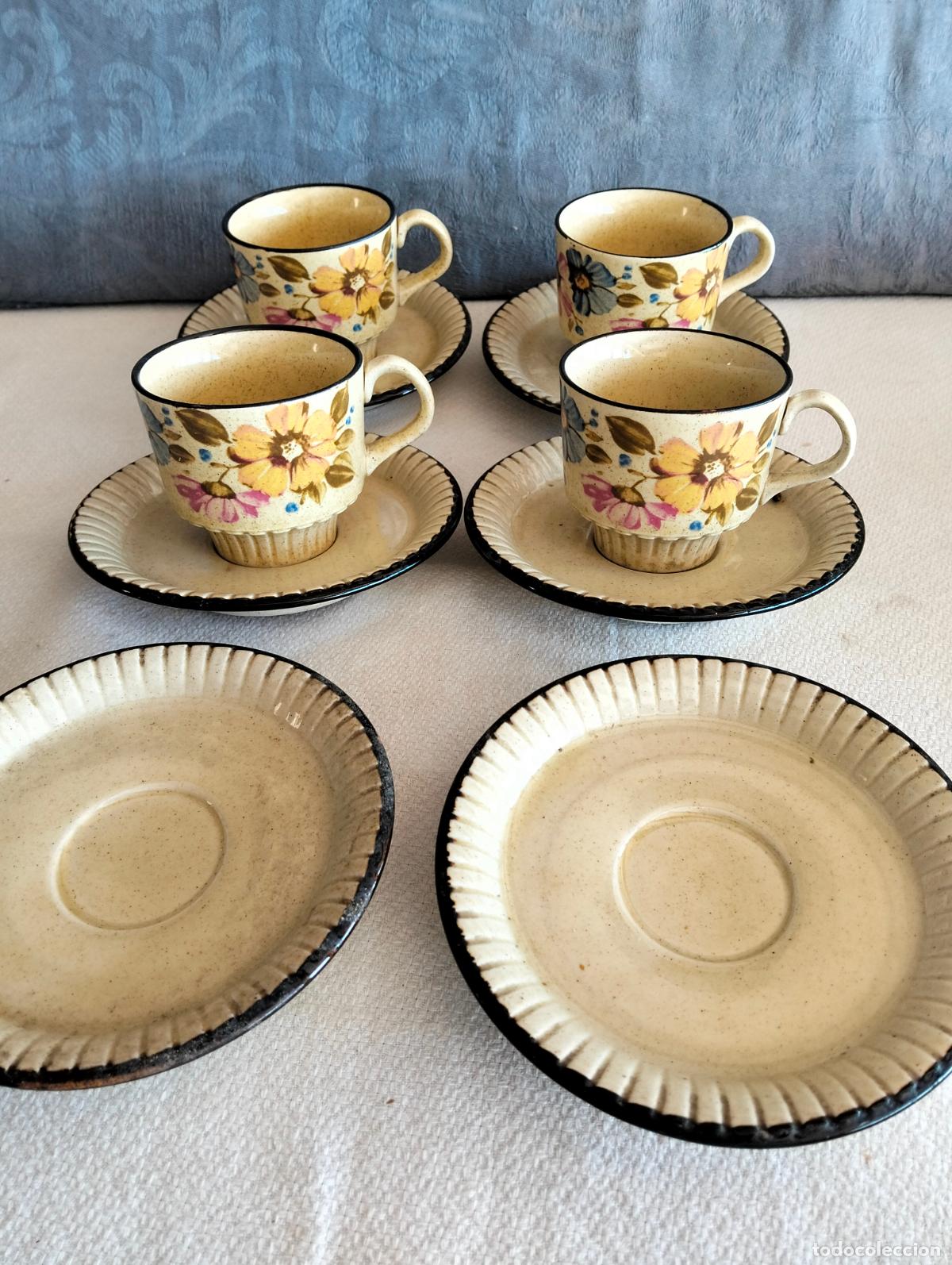 Antiques: Juego de caf&eacute; de 4 tazas con flores de porcelana o loza pintadas a mano marca Weidman a&ntilde;os 60-70