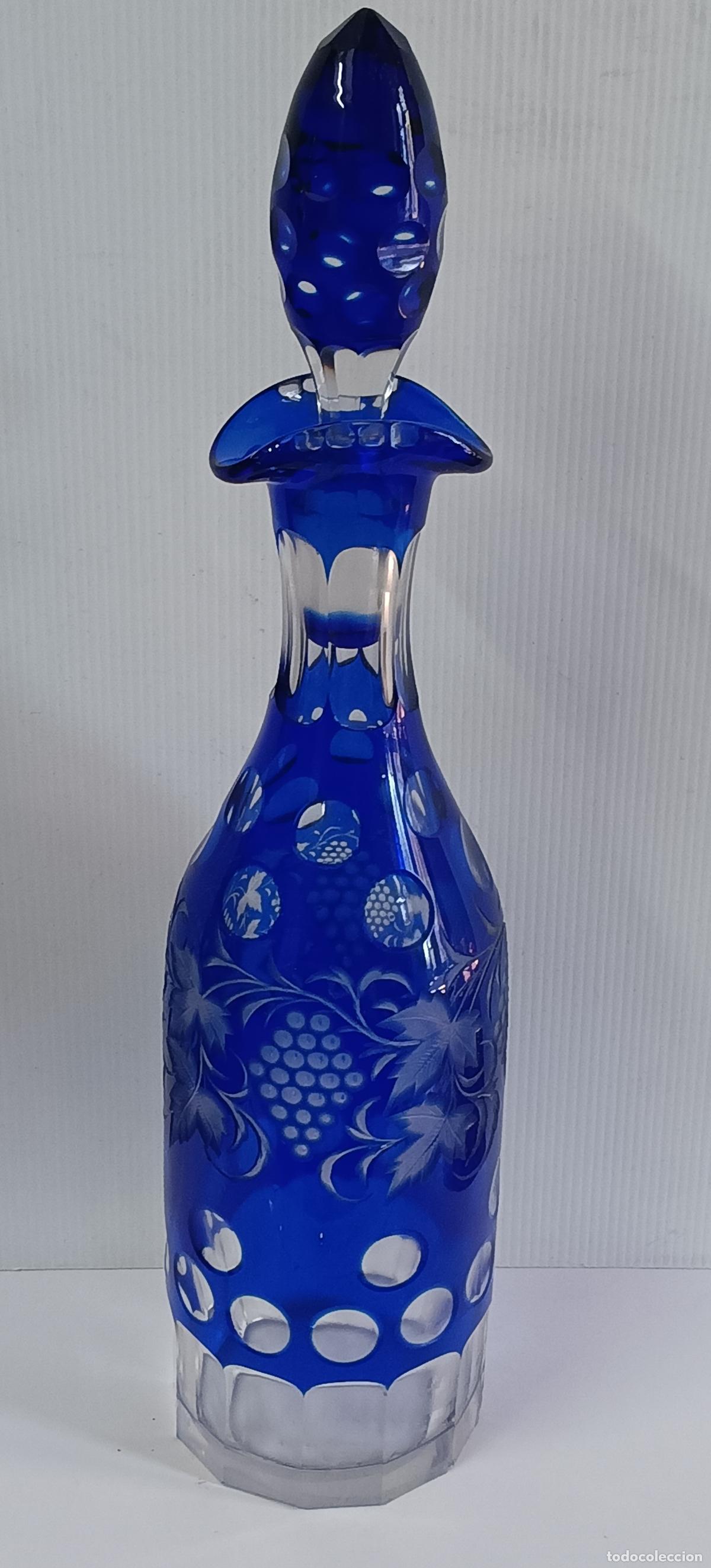Antig&uuml;edades: LICORERA CRISTAL TALLADO AZUL COBALTO