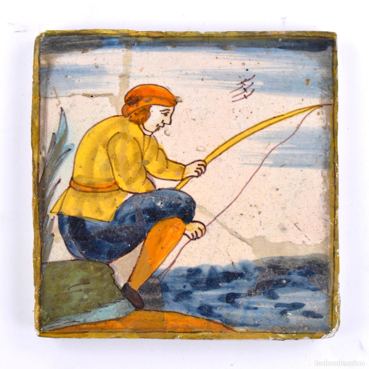 Antig&uuml;edades: Pescador, azulejo de cer&aacute;mica catalana, serie Arts i Oficis, finales siglo XVIII.