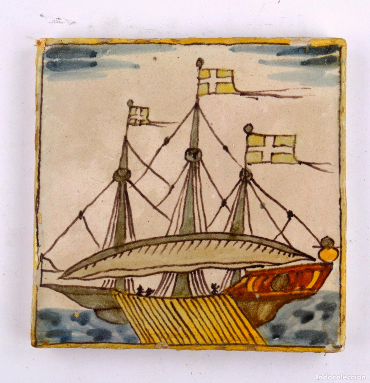 Antig&uuml;edades: Barco de vela o galera, , azulejo de cer&aacute;mica catalana, serie Arts i Oficis, finales siglo XVIII.