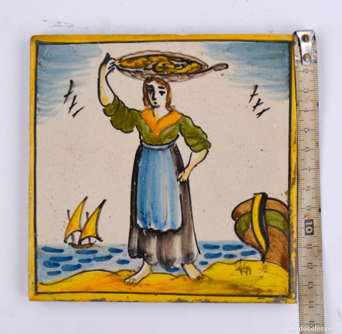Antig&uuml;edades: Pescadera, azulejo de cer&aacute;mica catalana, serie Arts i Oficis, siglo XX.