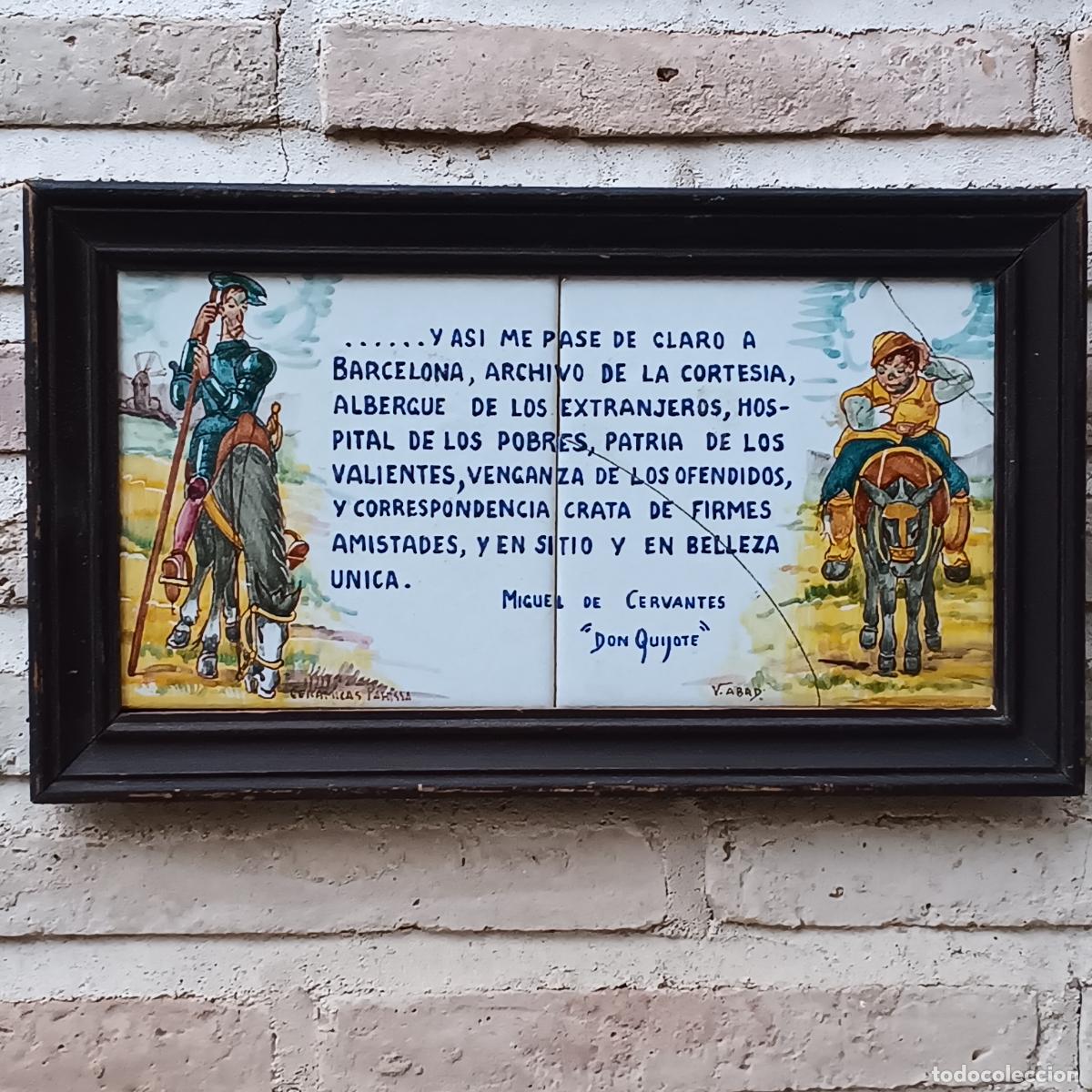 Antig&uuml;edades: CUADRO 2 AZULEJOS - DON QUIJOTE DE LA MANCHA / MIGUEL DE CERVANTES -BARCELONA.