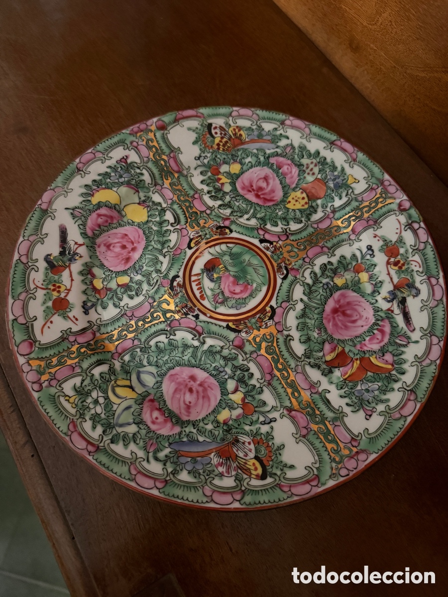 Antiquit&eacute;s: Plato chino de porcelana Canton Rose Medallion, familia rosa, aves y flores &ndash; c.1900&rdquo;.