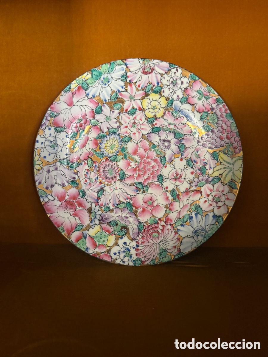 Antiguidades: Plato vintage de porcelana de Macao, decoraci&oacute;n Millefleurs mil flores y dorados, a&ntilde;os 50/60