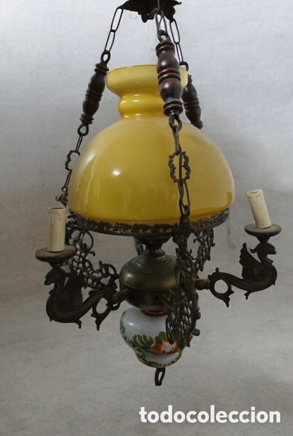 Antig&uuml;edades: L&aacute;mpara Belga Antigua L&aacute;mpara de Ara&ntilde;a de Cristal Amarillo Pantalla de Lat&oacute;n