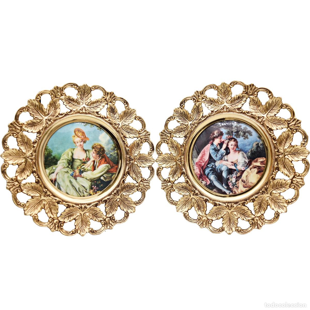 Antig&uuml;edades: Decoraci&oacute;n para pared / platos de bronce con acabado dorado y escenas galantes