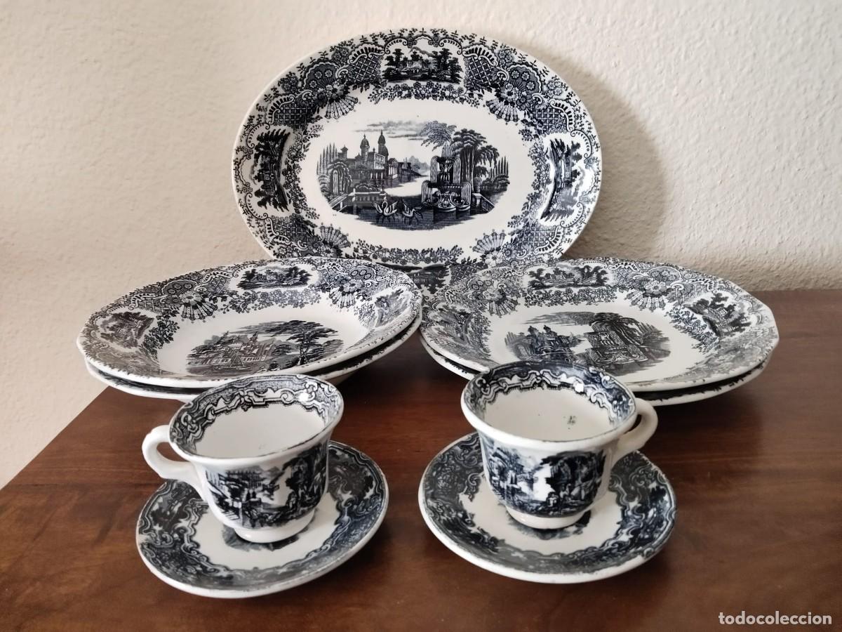 Antig&uuml;edades: Pickman. Fuente (Vistas), 2 platos hondos (Vistas), 2 platos llanos y 2 tazas con sus platillos.