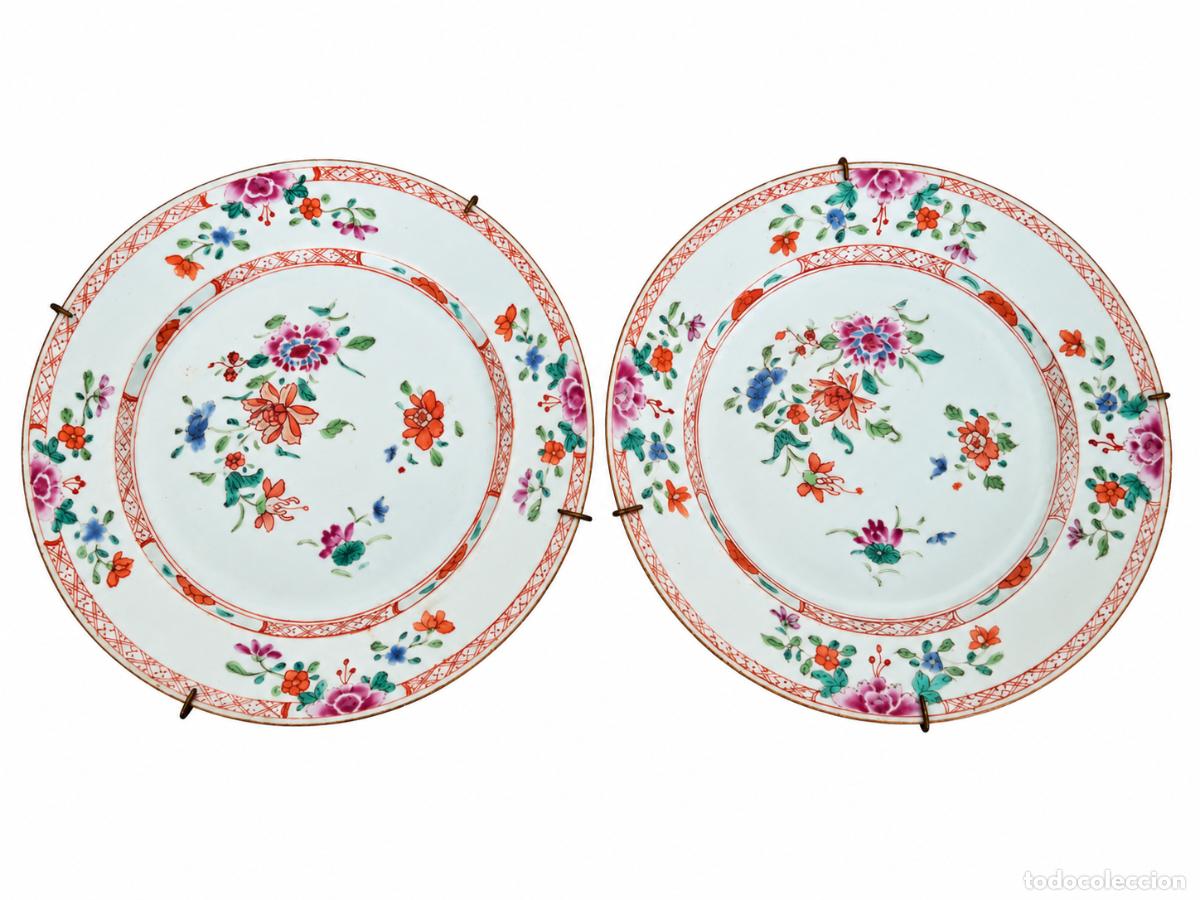 Antig&uuml;edades: Pareja de Platos - Porcelana China, Familia Rosa - Dinast&iacute;a Qing, Reinado de Qianlong - S.XVIII