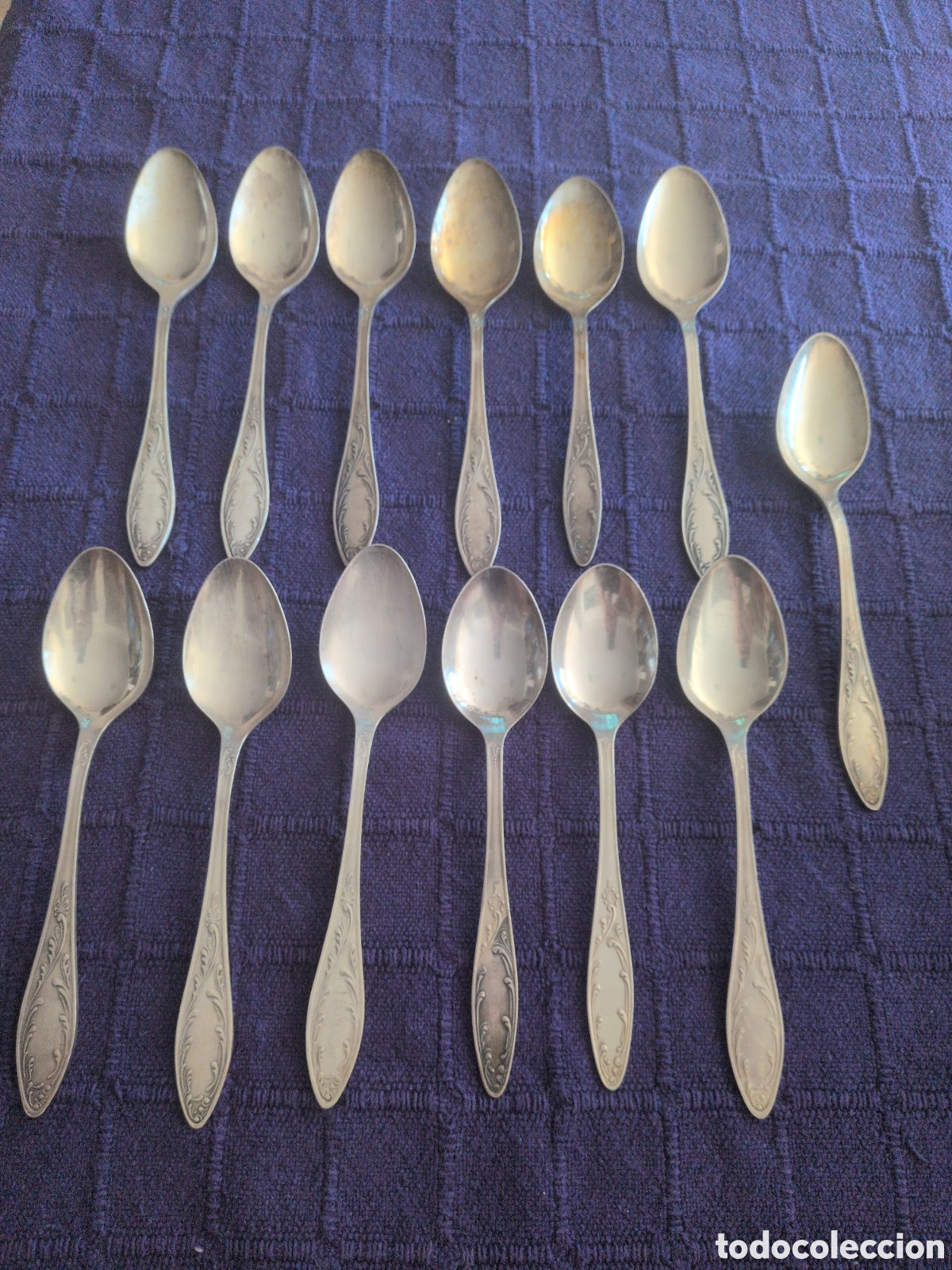 Antiquit&auml;ten: Lote de 13 Cucharas Sovi&eacute;ticas Vintage &ndash; Melchior plateado (Marcaje МНЦ URSS). Ba&ntilde;ado en plata