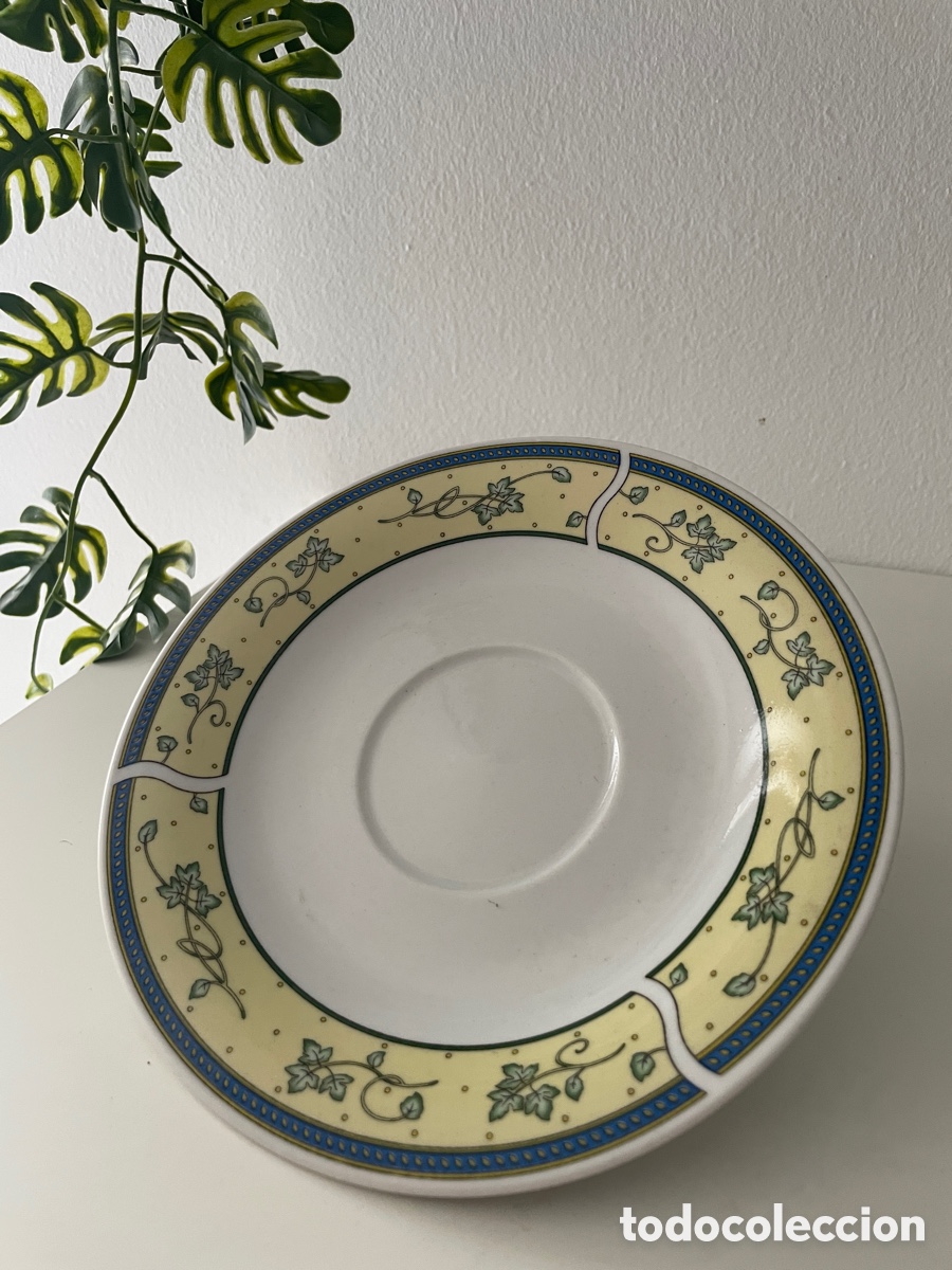 Antiquit&eacute;s: Bonito plato, decorativo con motivos vegetales, y borde azul y amarillo.