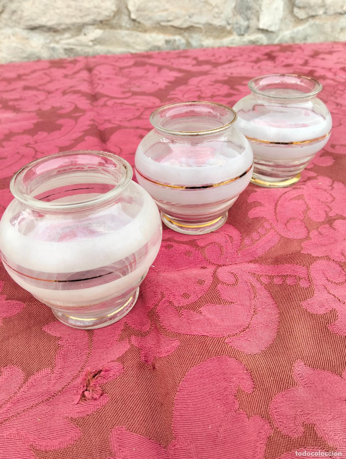 Antiquit&auml;ten: 3 Jarrones floreros de cristal soplado a mano franjas blancas para hornacina de los a&ntilde;os 40-50