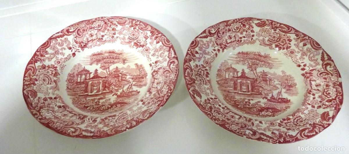 Antig&uuml;edades: PAR DE ANTIGUOS PLATOS HONDOS SOPEROS CARTUJA PICKMAN, SERIE ROSA, ESCUDO &Aacute;GUILA ROSADA