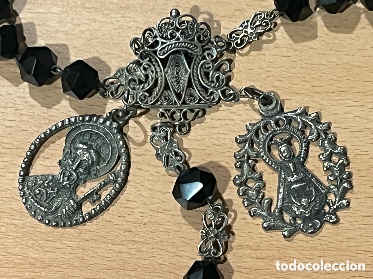 Antiguidades: GRAN ROSARIO DE AZABACHE Y PLATA - VIRGEN DEL HENAR Y SAN SANTIAGO - SIGLO XIX - PRECIOSO