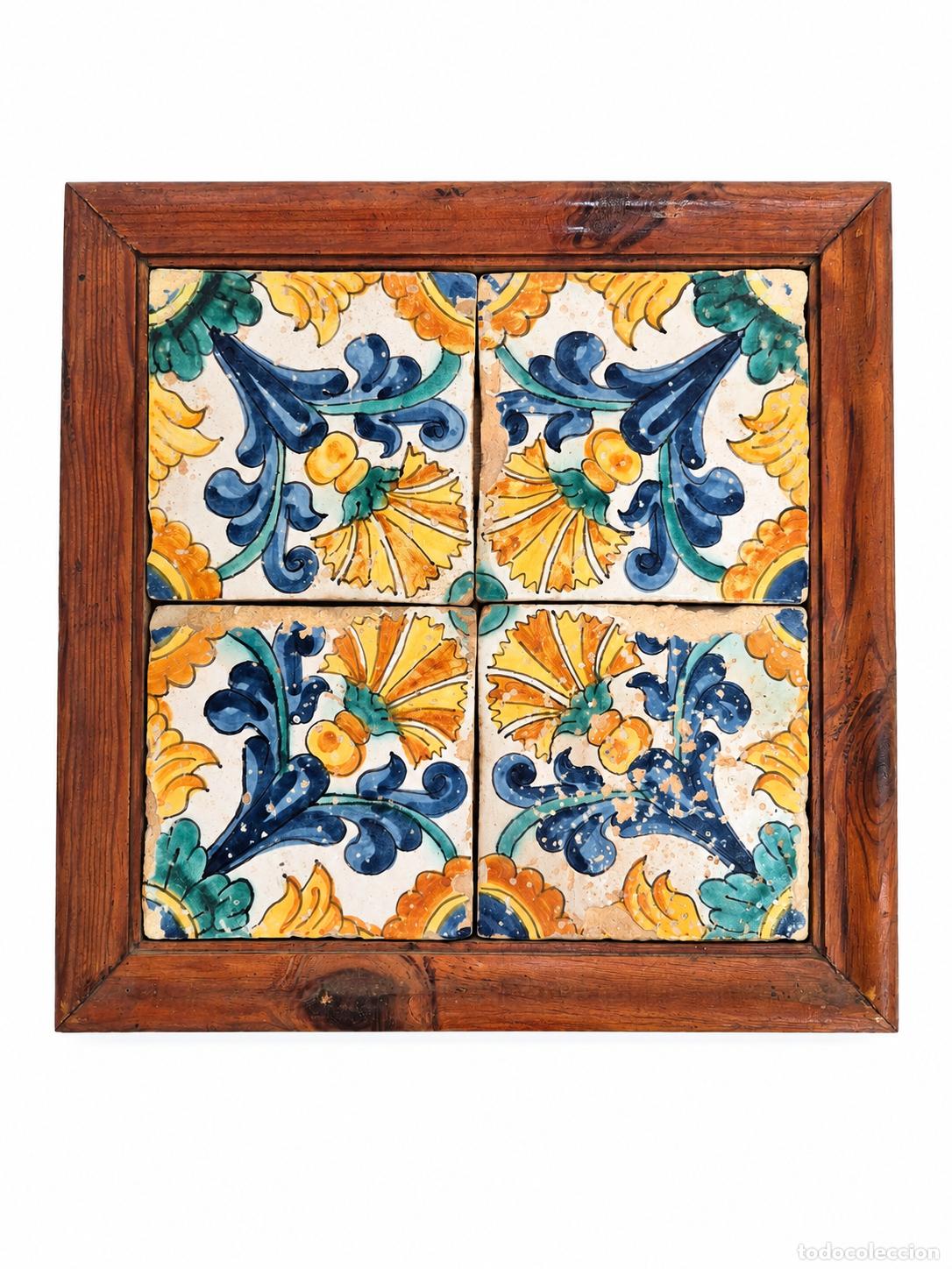 Antig&uuml;edades: Cuatro Baldosas, Rajoles de Muestra Catalanas - Serie Clavel - S.XVII
