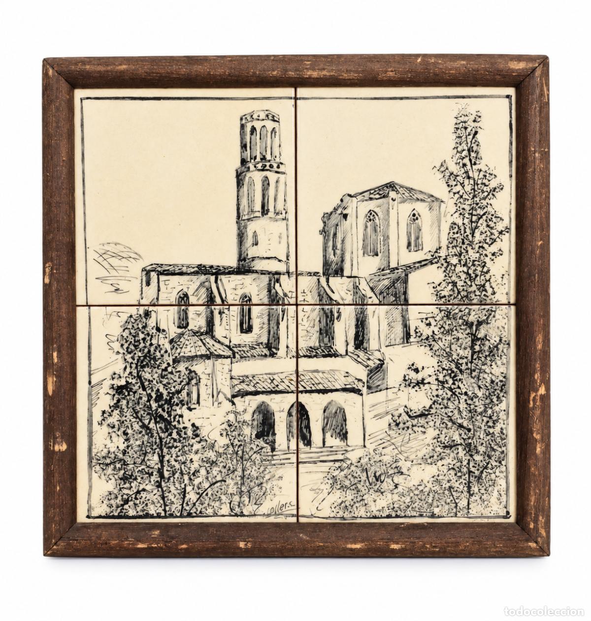 Antig&uuml;edades: Mural Cer&aacute;mico, Cuatro Baldosas - Bas&iacute;lica de Sant Pere, Figueres - Firma Oller - Enmarcado