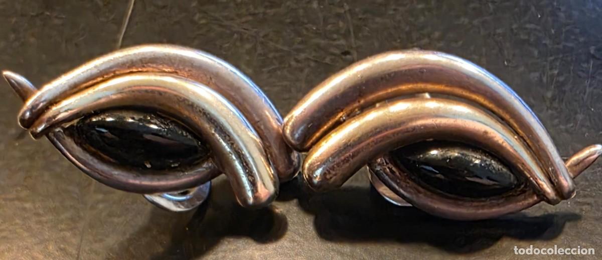 Antig&uuml;edades: Pendientes vintage modernistas en plata de ley 925 y &oacute;nix negro &ndash; clip &ndash; 3,5 cm &ndash; dise&ntilde;o escult&oacute;rico
