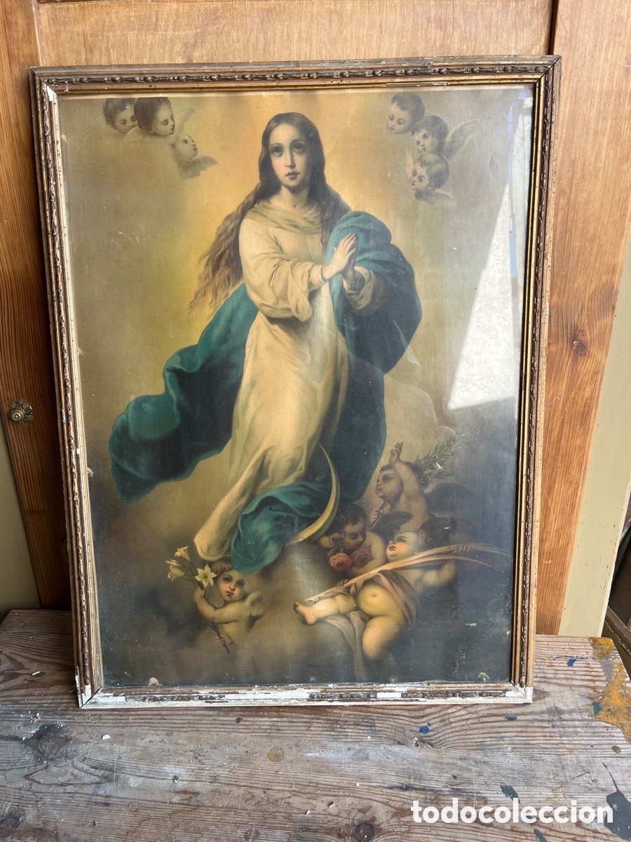 Antig&uuml;edades: L&aacute;mina religiosa antigua de la Inmaculada Concepci&oacute;n con marco vintage
