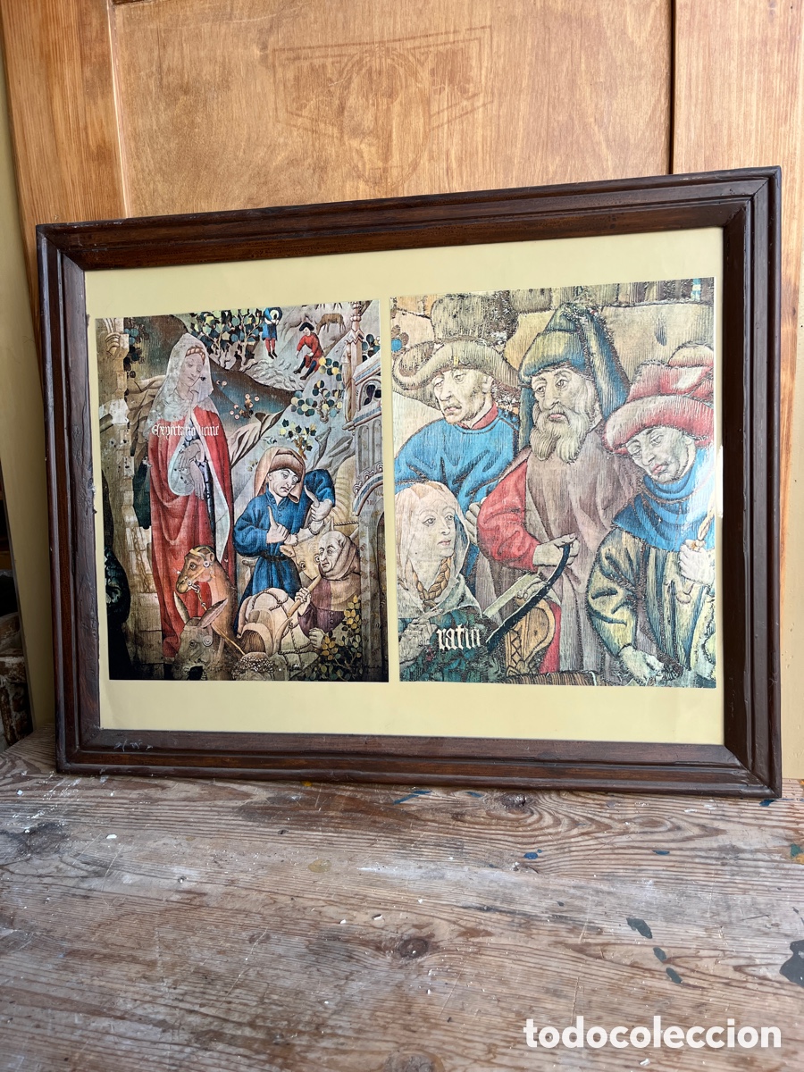 Antig&uuml;edades: L&aacute;mina antigua de tem&aacute;tica medieval con marco de madera