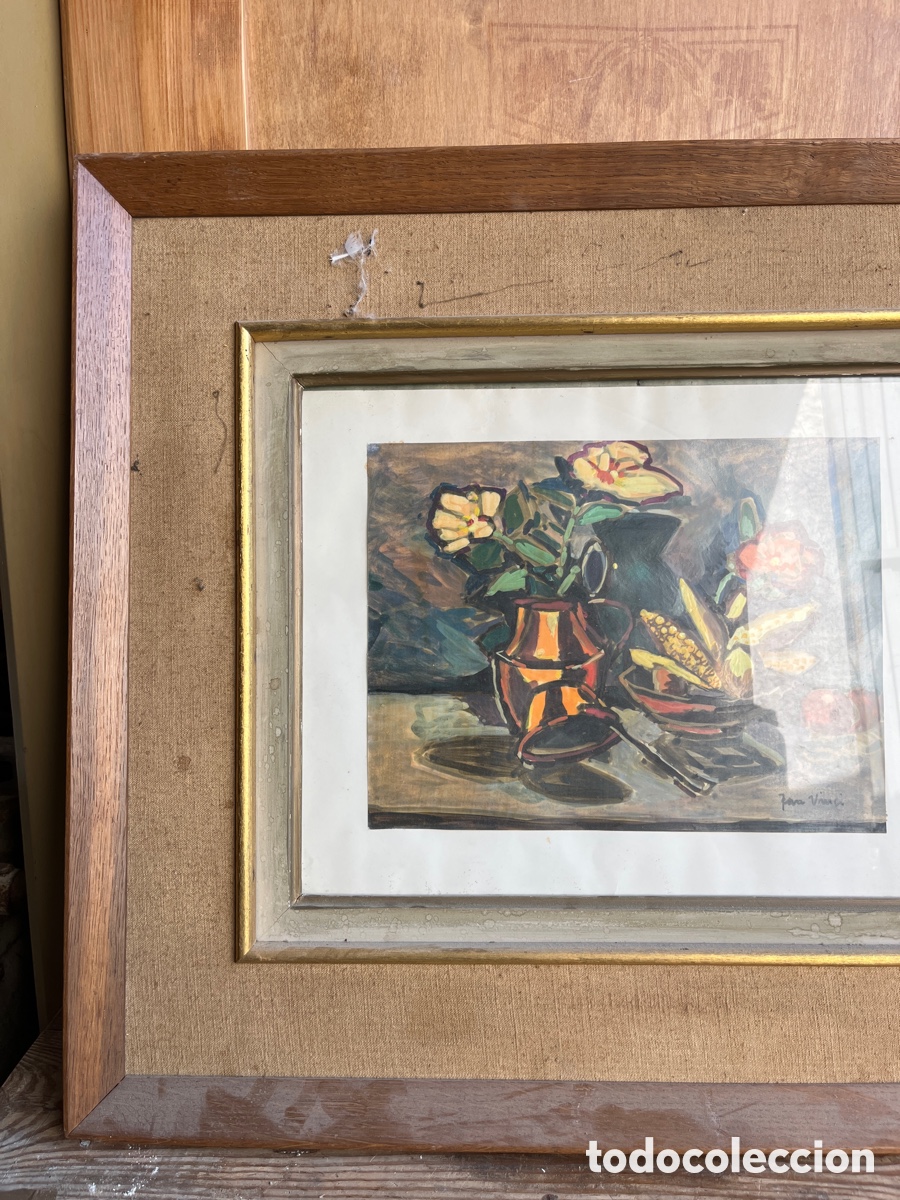 Antig&uuml;edades: Cuadro vintage de bodeg&oacute;n floral con marco de madera - Foto 3