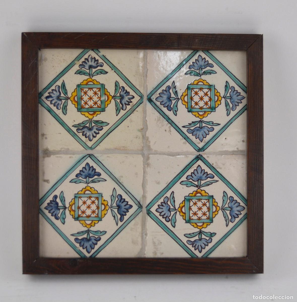 Antig&uuml;edades: Plaf&oacute;n de 4 azulejos antiguos enmarcados