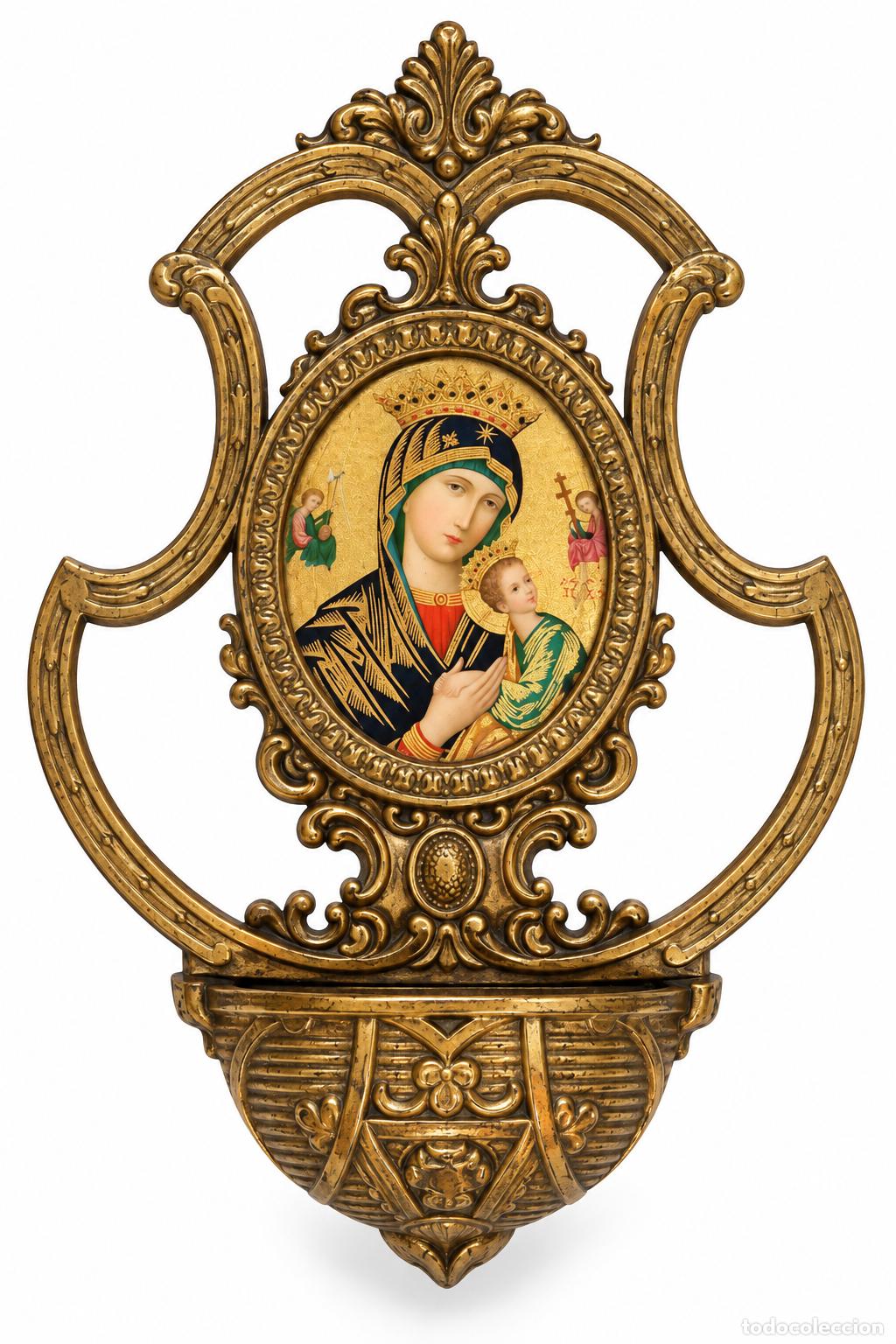 Antiguidades: Benditera Virgen del Perpetuo Socorro - Bronce con Icono - S.XIX