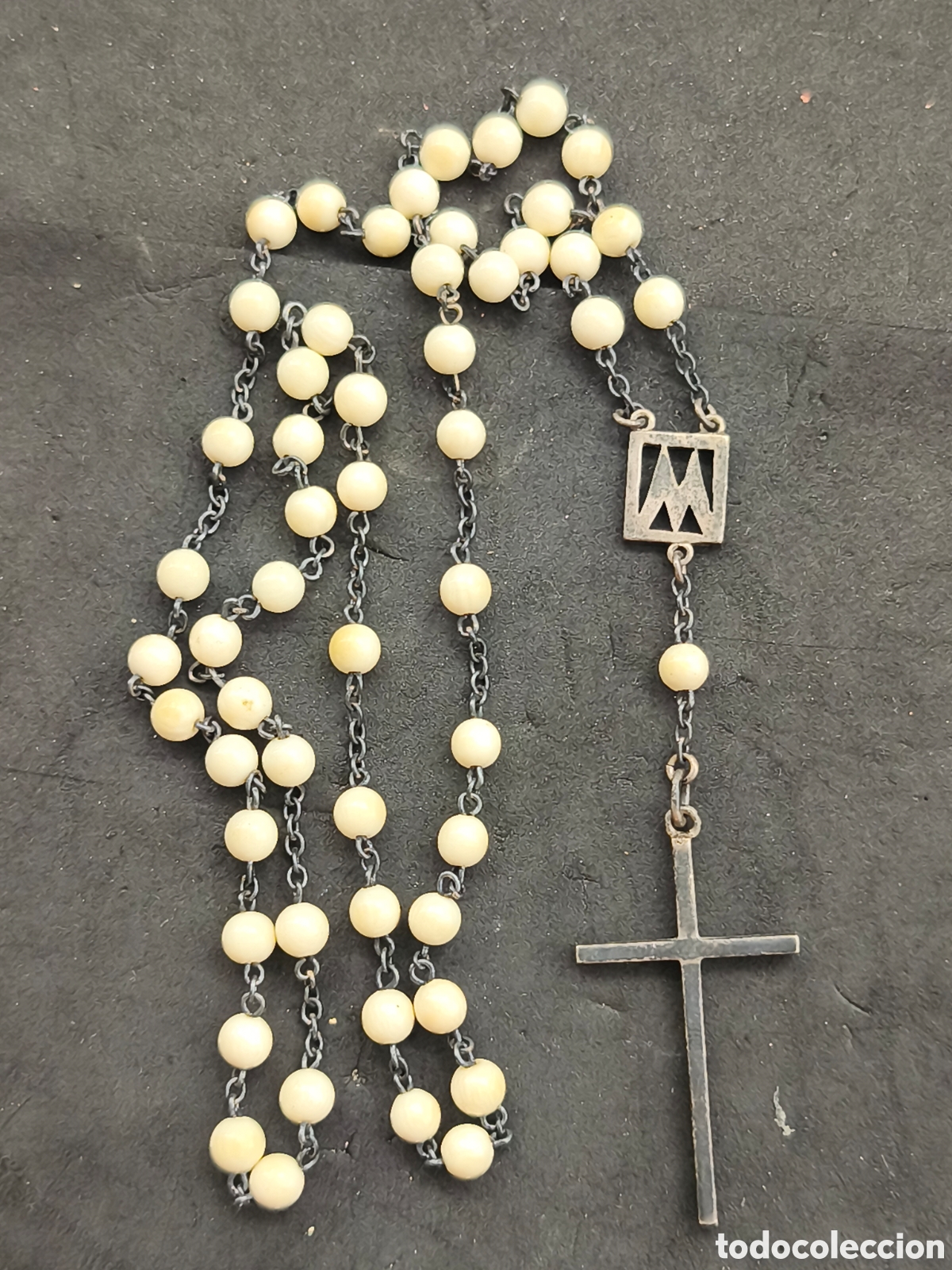 Antig&uuml;edades: Rosario de plata y marfil 38cm