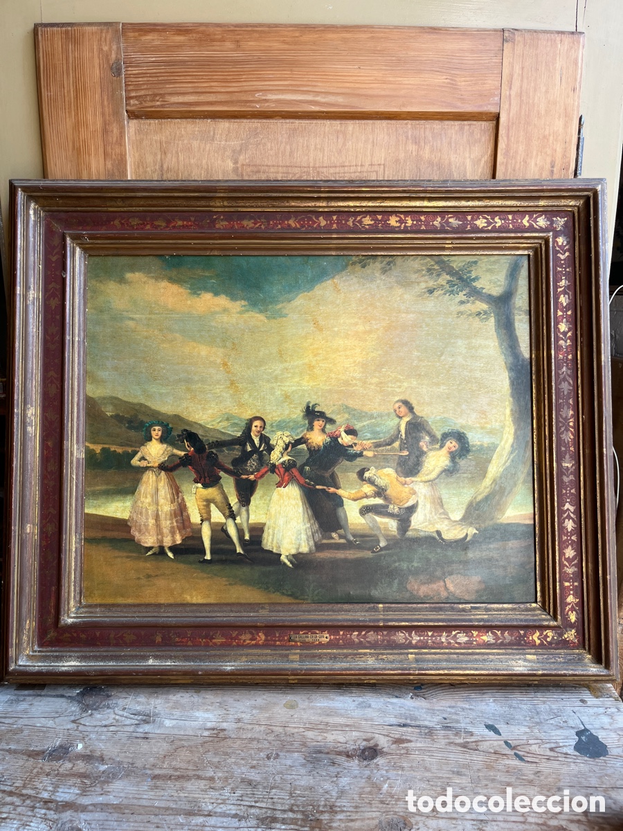 Antig&uuml;edades: L&aacute;mina de La gallina ciega de Goya con marco decorativo