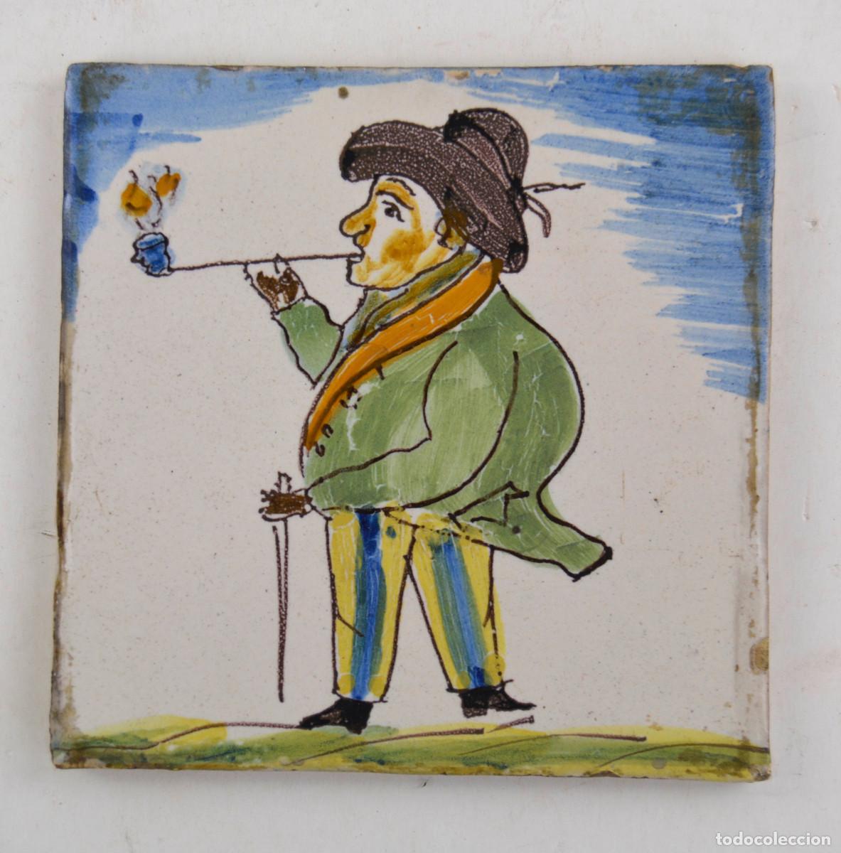 Antiquit&auml;ten: AZULEJO CATAL&Aacute;N DE OFICIOS, FUMADOR EN PIPA. s.XIX