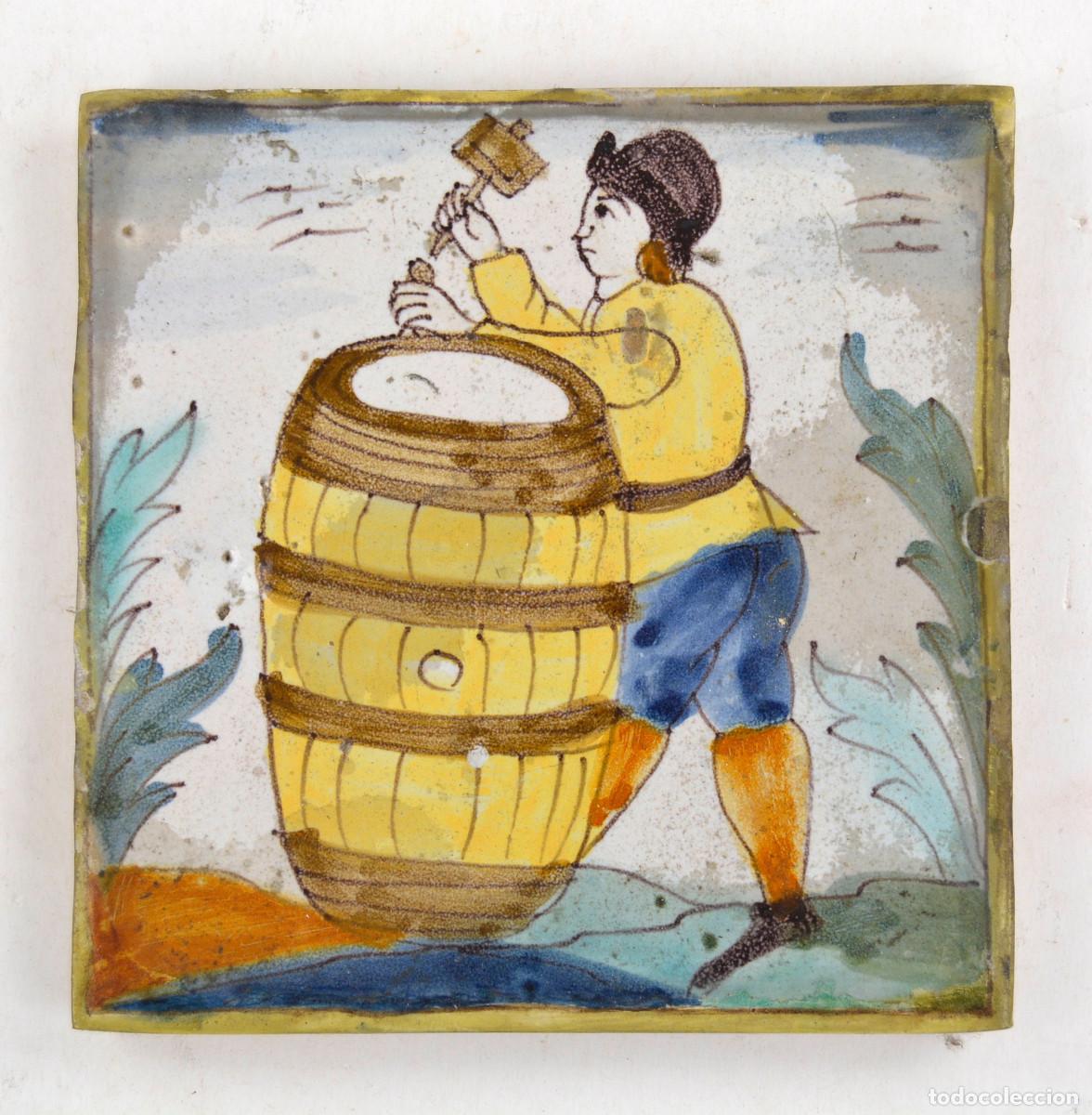 Antiquit&auml;ten: AZULEJO CATAL&Aacute;N DE OFICIOS, TONELERO. s.XVIII-XIX